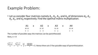 Example Problem:
• Let us consider four matrices namely A1, A2, A3, and A4 of dimensions d0, d1,
d2, d3, and d4 respectively. Find the optimal matrix multiplication.
A1 x A2 x A3 x A4
d0 d1 d1 d2 d2 d3 d3 d4
3 2 2 4 4 2 2 5
The number of possible ways the matrices can be parenthesized:
Here, n = 4
𝐶(𝑛 −1)
2(𝑛 −1)
𝑛 =
𝐶(4 −1)
2(4 −1)
4 =
𝐶3
6
4 =
6 𝑋 5 𝑋 4
3 𝑋 2 𝑋 1
4 = 5. Hence there are 5 five possible ways of parenthesization.
 