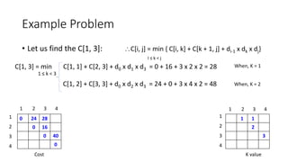 Example Problem
• Let us find the C[1, 3]: C[i, j] = min { C[i, k] + C[k + 1, j] + di-1 x dk x dj}
I ≤ k < j
C[1, 3] = min C[1, 1] + C[2, 3] + d0 x d1 x d3 = 0 + 16 + 3 x 2 x 2 = 28
C[1, 2] + C[3, 3] + d0 x d2 x d3 = 24 + 0 + 3 x 4 x 2 = 48 When, K = 2
0 24 28
0 16
0 40
0
1 1
2
3
Cost K value
1 2 3 4 1 2 3 4
1
2
3
4
1
2
3
4
When, K = 1
1 ≤ k < 3
 