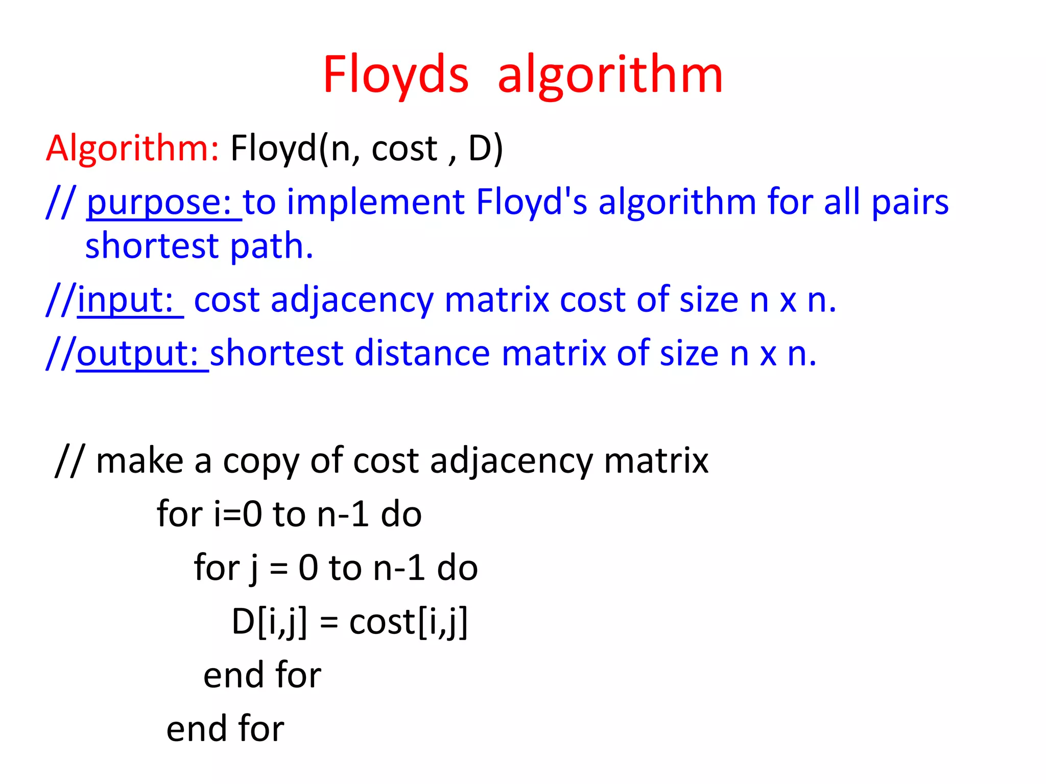 Floyds algorithm
Algorithm: Floyd(n, cost , D)
// purpose: to implement Floyd's algorithm for all pairs
shortest path.
//input: cost adjacency matrix cost of size n x n.
//output: shortest distance matrix of size n x n.

// make a copy of cost adjacency matrix
for i=0 to n-1 do
for j = 0 to n-1 do
D[i,j] = cost[i,j]
end for
end for

 