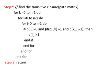 Step2: // find the transitive closure(path matrix)
for k =0 to n-1 do
for i=0 to n-1 do
for j=0 to n-1 do
if(p[i,j]=0 and (if(p[i,k] =1 and p[k,j] =1)) then
p[i,j]=1
end if
end for
end for
end for
step 3: return

 