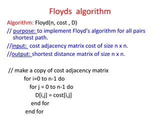 Floyds algorithm
Algorithm: Floyd(n, cost , D)
// purpose: to implement Floyd's algorithm for all pairs
shortest path.
//input: cost adjacency matrix cost of size n x n.
//output: shortest distance matrix of size n x n.

// make a copy of cost adjacency matrix
for i=0 to n-1 do
for j = 0 to n-1 do
D[i,j] = cost[i,j]
end for
end for

 