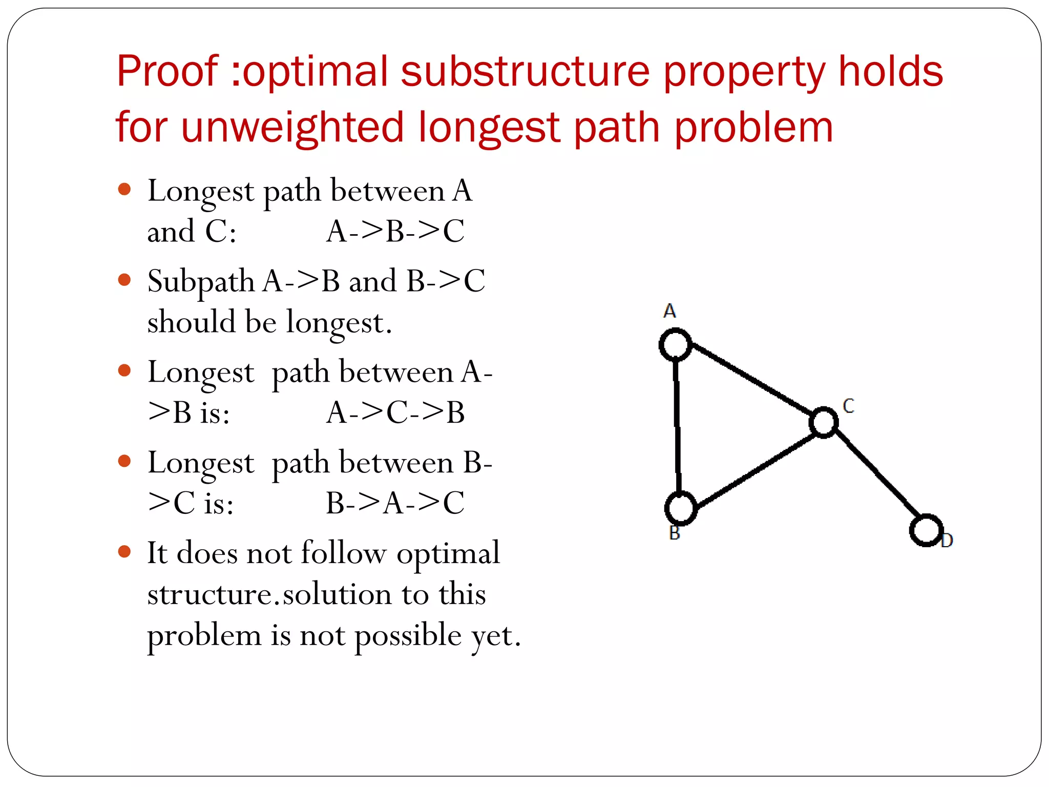 Proof :optimal substructure property holds
for unweighted longest path problem
 Longest path betweenA
and C: A->B->C
 Subpath A->B and B->C
should be longest.
 Longest path betweenA-
>B is: A->C->B
 Longest path between B-
>C is: B->A->C
 It does not follow optimal
structure.solution to this
problem is not possible yet.
 