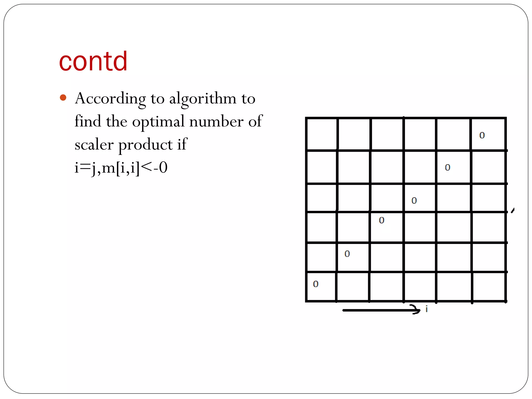 contd
 According to algorithm to
find the optimal number of
scaler product if
i=j,m[i,i]<-0
 
