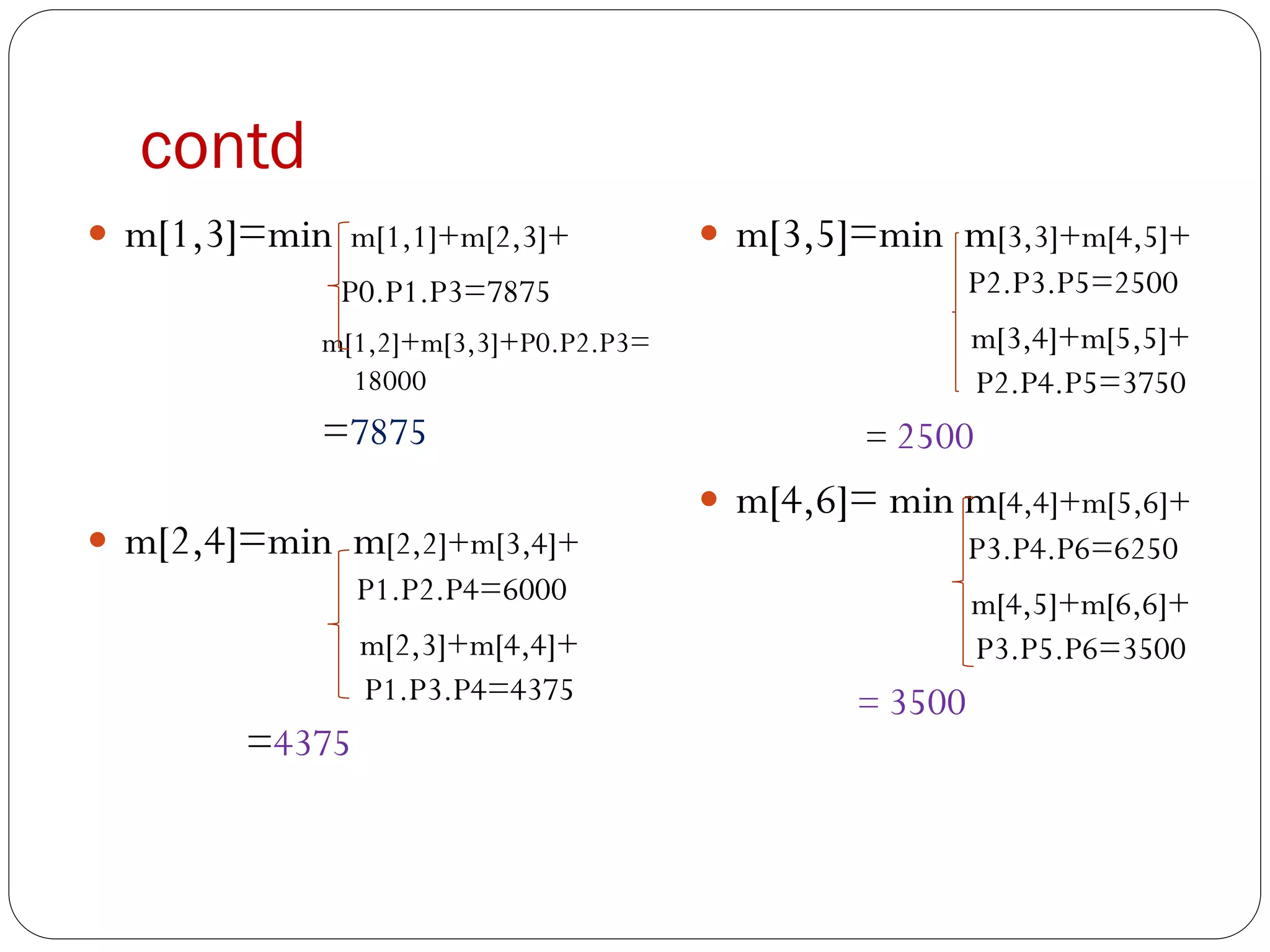 contd
 m[1,3]=min m[1,1]+m[2,3]+
P0.P1.P3=7875 =
m[1,2]+m[3,3]+P0.P2.P3=
18000
=7875
 m[2,4]=min m[2,2]+m[3,4]+
P1.P2.P4=6000
m[2,3]+m[4,4]+
P1.P3.P4=4375
=4375
 m[3,5]=min m[3,3]+m[4,5]+
P2.P3.P5=2500
m[3,4]+m[5,5]+
P2.P4.P5=3750
= 2500
 m[4,6]= min m[4,4]+m[5,6]+
P3.P4.P6=6250
m[4,5]+m[6,6]+
P3.P5.P6=3500
= 3500
 
