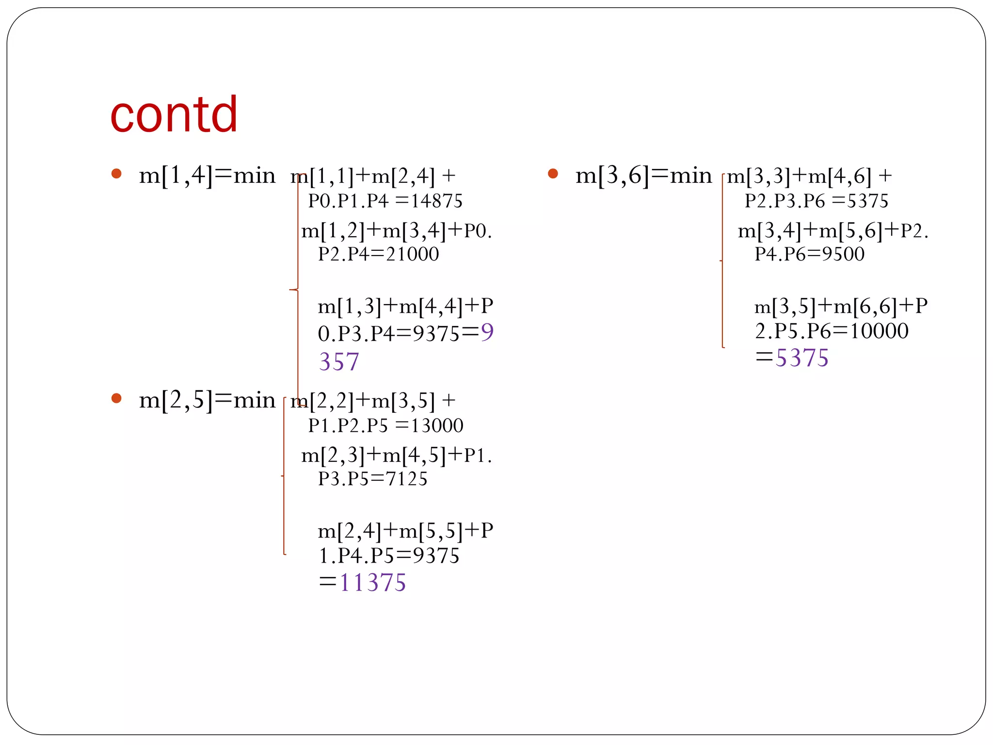 contd
 m[1,4]=min m[1,1]+m[2,4] +
P0.P1.P4 =14875
m[1,2]+m[3,4]+P0.
P2.P4=21000
m[1,3]+m[4,4]+P
0.P3.P4=9375=9
357
 m[2,5]=min m[2,2]+m[3,5] +
P1.P2.P5 =13000
m[2,3]+m[4,5]+P1.
P3.P5=7125
m[2,4]+m[5,5]+P
1.P4.P5=9375
=11375
 m[3,6]=min m[3,3]+m[4,6] +
P2.P3.P6 =5375
m[3,4]+m[5,6]+P2.
P4.P6=9500
m[3,5]+m[6,6]+P
2.P5.P6=10000
=5375
 
