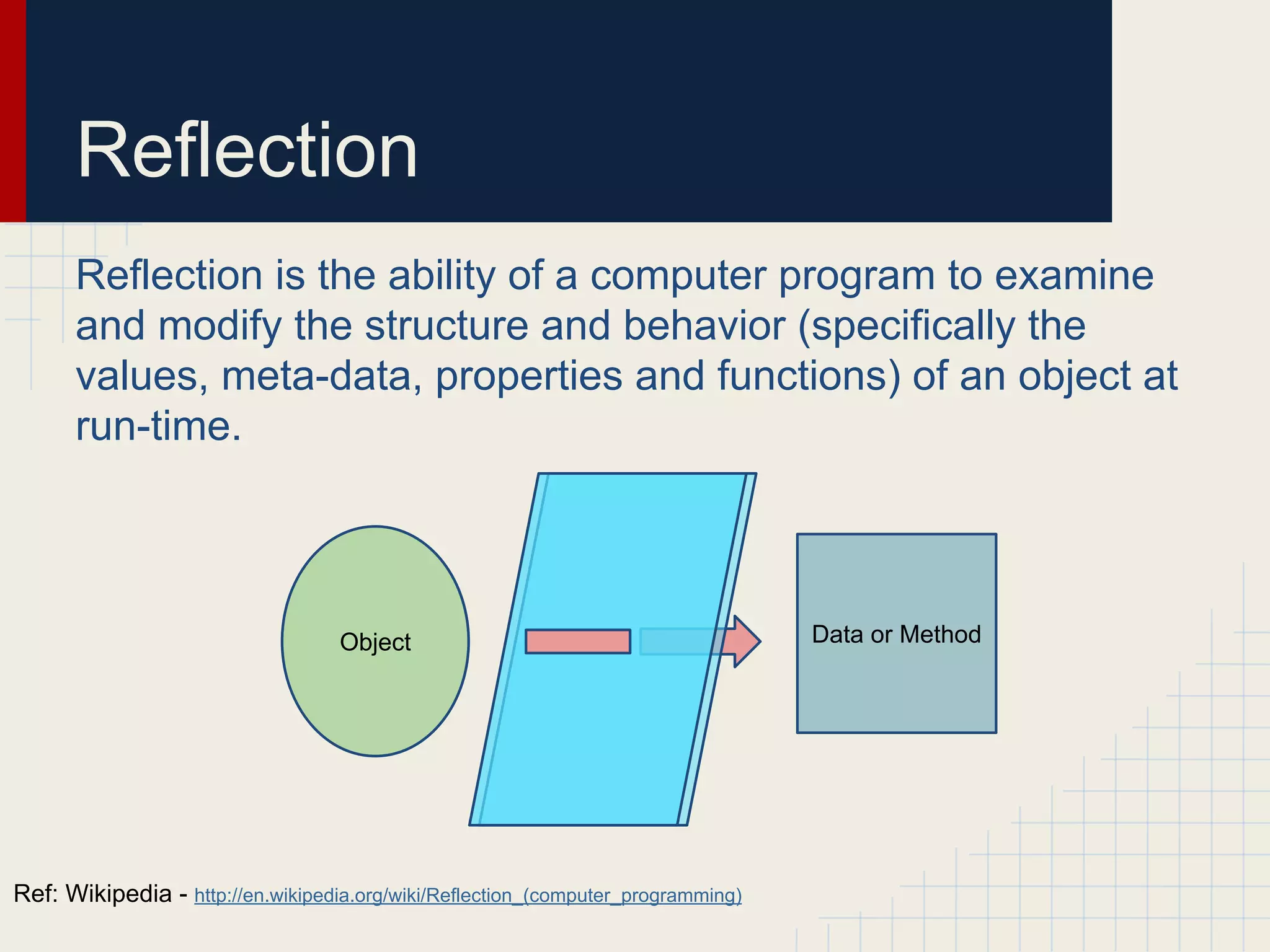 Reflection
Reflection is the ability of a computer program to examine
and modify the structure and behavior (specifically the
values, meta-data, properties and functions) of an object at
run-time.
Ref: Wikipedia - http://en.wikipedia.org/wiki/Reflection_(computer_programming)
Object Data or Method
 