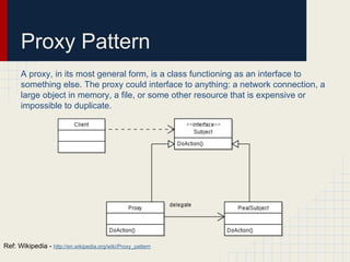 Proxy Pattern
A proxy, in its most general form, is a class functioning as an interface to
something else. The proxy could interface to anything: a network connection, a
large object in memory, a file, or some other resource that is expensive or
impossible to duplicate.
Ref: Wikipedia - http://en.wikipedia.org/wiki/Proxy_pattern
 