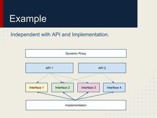 Example
Independent with API and Implementation.
Interface 1
ImpIementation
Interface 2 Interface 3 Interface 4
API 1 API 2
Dynamic Proxy
 