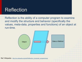 Reflection
Reflection is the ability of a computer program to examine
and modify the structure and behavior (specifically the
values, meta-data, properties and functions) of an object at
run-time.
Ref: Wikipedia - http://en.wikipedia.org/wiki/Reflection_(computer_programming)
Object Data or Method
 