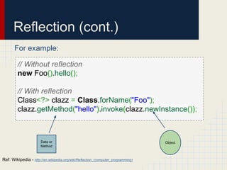 Reflection (cont.)
For example:
// Without reflection
new Foo().hello();
// With reflection
Class<?> clazz = Class.forName("Foo");
clazz.getMethod("hello").invoke(clazz.newInstance());
Ref: Wikipedia - http://en.wikipedia.org/wiki/Reflection_(computer_programming)
ObjectData or
Method
 