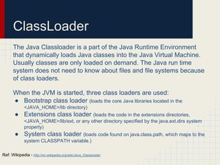 ClassLoader
The Java Classloader is a part of the Java Runtime Environment
that dynamically loads Java classes into the Java Virtual Machine.
Usually classes are only loaded on demand. The Java run time
system does not need to know about files and file systems because
of class loaders.
When the JVM is started, three class loaders are used:
● Bootstrap class loader (loads the core Java libraries located in the
<JAVA_HOME>/lib directory)
● Extensions class loader (loads the code in the extensions directories,
<JAVA_HOME>/lib/ext, or any other directory specified by the java.ext.dirs system
property)
● System class loader (loads code found on java.class.path, which maps to the
system CLASSPATH variable.)
Ref: Wikipedia - http://en.wikipedia.org/wiki/Java_Classloader
 