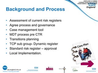 www.england.nhs.uk
Background and Process
• Assessment of current risk registers
• Agree process and governance
• Case management tool
• MDT process pre CTR
• Transitions planning
• TCP sub group- Dynamic register
• Standard risk register – approval
• Local Implementation.
Partners in improving local health
NORTH EAST & CUMBRIA
LEARNING DISABILITIES & AUTISM
TRANSFORMING CARE PROGRAMME
 