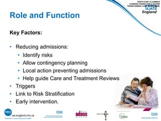 www.england.nhs.uk
Role and Function
Key Factors:
• Reducing admissions:
• Identify risks
• Allow contingency planning
• Local action preventing admissions
• Help guide Care and Treatment Reviews
• Triggers
• Link to Risk Stratification
• Early intervention.
Partners in improving local health
NORTH EAST & CUMBRIA
LEARNING DISABILITIES & AUTISM
TRANSFORMING CARE PROGRAMME
 