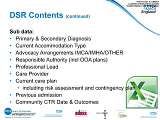 www.england.nhs.uk
DSR Contents (continued)
Partners in improving local health
NORTH EAST & CUMBRIA
LEARNING DISABILITIES & AUTISM
TRANSFORMING CARE PROGRAMME
NORTH OF ENGLAND
COMMISSIONING SUPPORT
Sub data:
• Primary & Secondary Diagnosis
• Current Accommodation Type
• Advocacy Arrangements IMCA/IMHA/OTHER
• Responsible Authority (incl OOA plans)
• Professional Lead
• Care Provider
• Current care plan
• including risk assessment and contingency plan
• Previous admission
• Community CTR Date & Outcomes
 