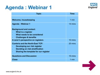 www.england.nhs.uk
Topic Time
Welcome, housekeeping 1 min
Agenda : Webinar 1
Background and context:
- What is a register
- What needs to be considered
- Challenges & benefits
14 mins
A carer’s perspective on registers 10 mins
Cumbria and the North-East TCP:
- Developing our risk register
- Deciding on risk stratification
- Sharing the template for our register
20 mins
Questions and Discussion 15 mins
Close 1 min
Agenda : Webinar 1
 