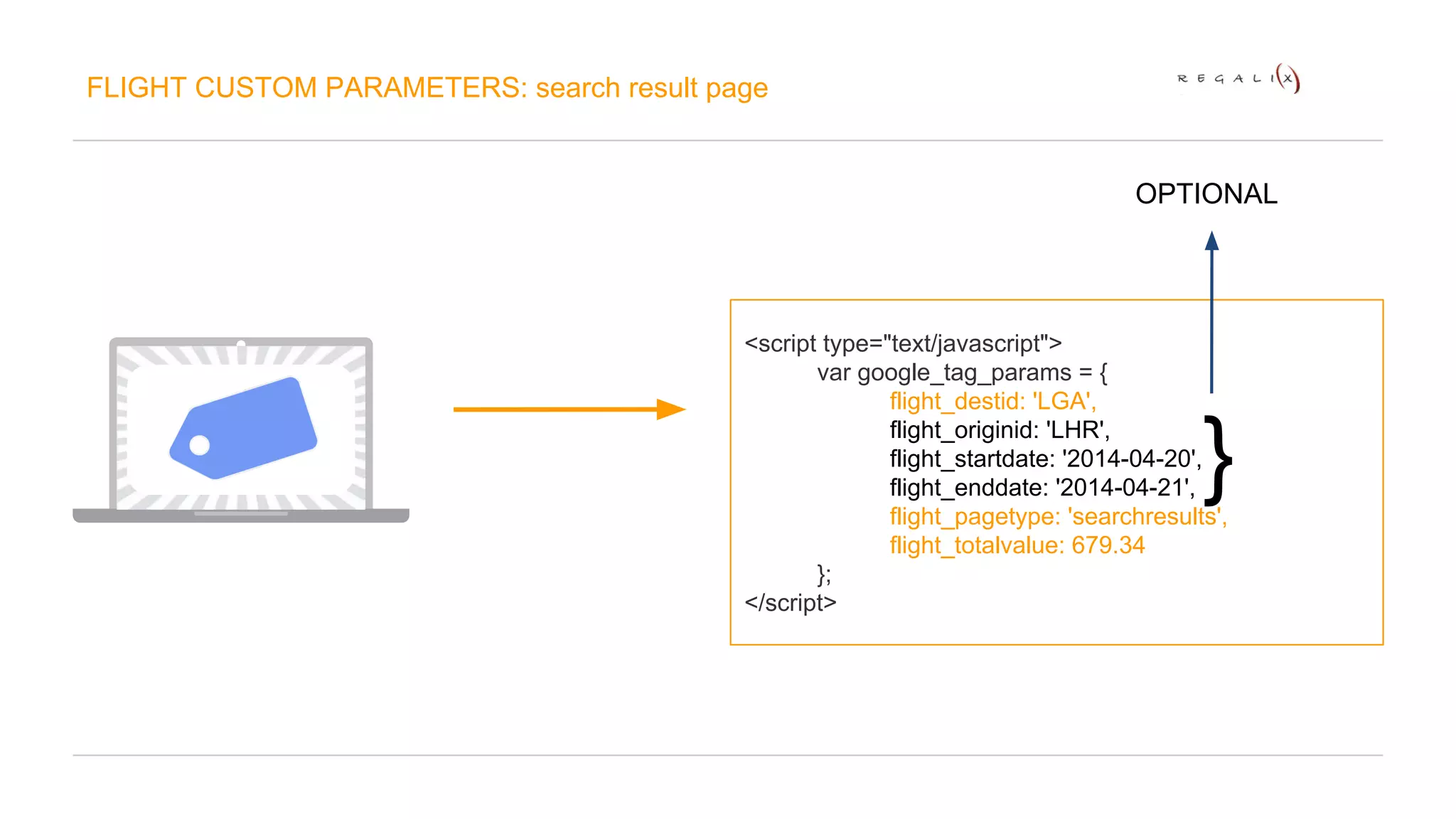 FLIGHT CUSTOM PARAMETERS: search result page 
<script type="text/javascript"> 
var google_tag_params = { 
OPTIONAL 
flight_destid: 'LGA', 
flight_originid: 'LHR', 
flight_startdate: '2014-04-20', 
flight_enddate: '2014-04-21', 
flight_pagetype: 'searchresults', 
flight_totalvalue: 679.34 
}; 
</script> 
} 
 