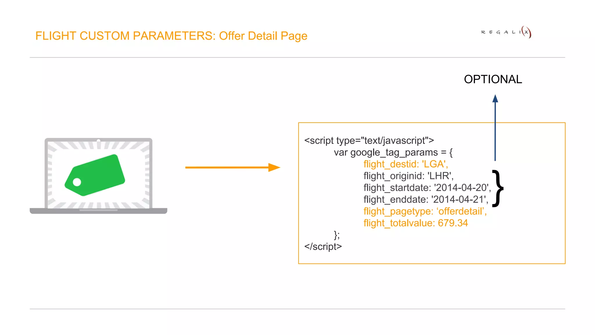 FLIGHT CUSTOM PARAMETERS: Offer Detail Page 
<script type="text/javascript"> 
var google_tag_params = { 
OPTIONAL 
flight_destid: 'LGA', 
flight_originid: 'LHR', 
flight_startdate: '2014-04-20', 
flight_enddate: '2014-04-21', 
flight_pagetype: ‘offerdetail’, 
flight_totalvalue: 679.34 
}; 
</script> 
} 
 
