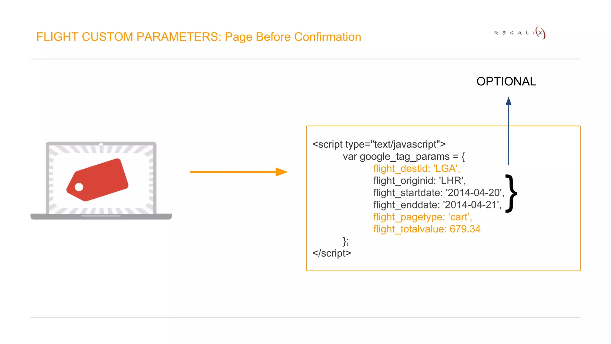 FLIGHT CUSTOM PARAMETERS: Page Before Confirmation 
<script type="text/javascript"> 
var google_tag_params = { 
OPTIONAL 
flight_destid: 'LGA', 
flight_originid: 'LHR', 
flight_startdate: '2014-04-20', 
flight_enddate: '2014-04-21', 
flight_pagetype: ‘cart’, 
flight_totalvalue: 679.34 
}; 
</script> 
} 
 