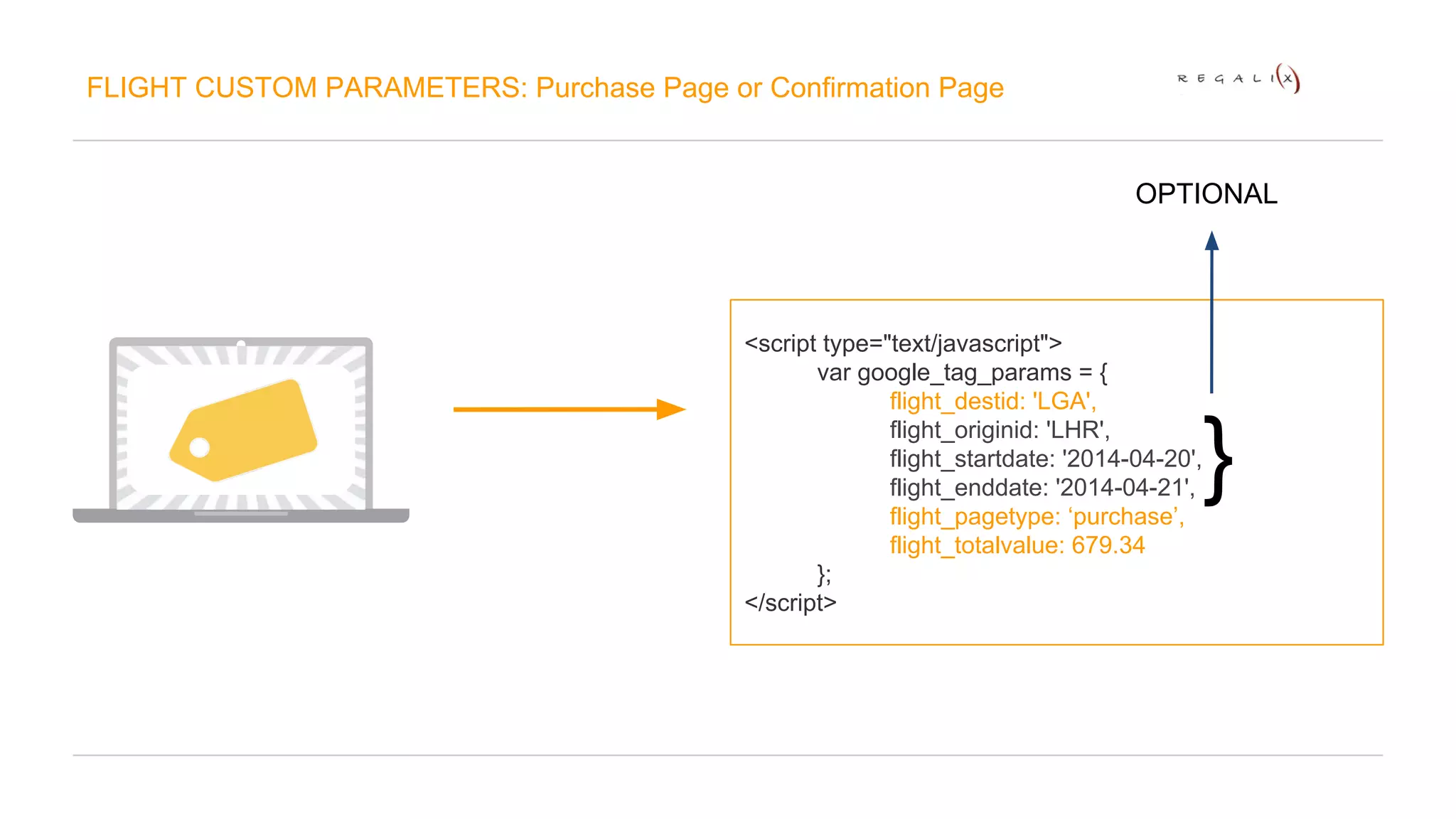 FLIGHT CUSTOM PARAMETERS: Purchase Page or Confirmation Page 
<script type="text/javascript"> 
var google_tag_params = { 
OPTIONAL 
flight_destid: 'LGA', 
flight_originid: 'LHR', 
flight_startdate: '2014-04-20', 
flight_enddate: '2014-04-21', 
flight_pagetype: ‘purchase’, 
flight_totalvalue: 679.34 
}; 
</script> 
} 
 