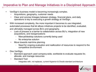 Imperative to Plan and Manage Initiatives in a Disciplined Approach

 ▪   VeriSign’s business model is becoming increasingly complex.
      ▪  Acquisitions, geography, customer needs
      ▪  Clear and concise linkages between strategy, financial plans, and daily
         operations is key to executing a growth strategy at VeriSign.
 ▪   With increased complexity, the more important it becomes to use integrated,
     automated processes that let allows initiatives projects to be identified, evaluated,
     and ultimately managed across BU’s and geography.
      ▪  Lack of process is a barrier to collaboration across BU’s, integration of new
         acquisitions, and reorganizations
           – Manual/desktop solutions currently being used
           – No enterprise solution
      ▪  Move towards real-time planning
           – Need for ongoing evaluation and reallocation of resources to respond to the
              competitive environment
 ▪   One VeriSign.
     ▪   Standard approach used company-wide, worldwide to evaluate requests for,
         allocate, and manage resources
     ▪   Standard Tool
          –   Integrates with, not replaces, current Hyperion & Oracle standard architecture
 
