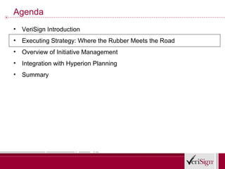 Agenda
•   VeriSign Introduction
•   Executing Strategy: Where the Rubber Meets the Road
•   Overview of Initiative Management
•   Integration with Hyperion Planning
•   Summary
 