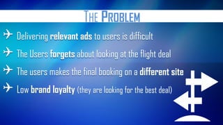 THE PROBLEM Delivering relevant ads to users is difficult The Users forgets about looking at the flight deal The users makes the final booking on a different site Low brand loyalty (they are looking for the best deal) 
 