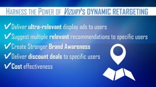 HARNESS THE POWER OF VIZURY’S DYNAMIC RETARGETING Deliver ultra-relevant display ads to users Suggest multiple relevant recommendations to specific users Create Stronger Brand Awareness Deliver discount deals to specific users Cost effectiveness  