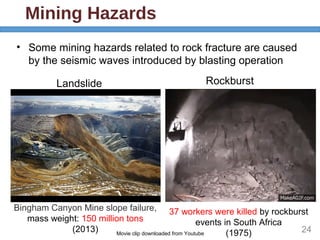 Mining Hazards
24Movie clip downloaded from Youtube
• Some mining hazards related to rock fracture are caused
by the seismic waves introduced by blasting operation
Landslide Rockburst
Bingham Canyon Mine slope failure,
mass weight: 150 million tons
(2013)
37 workers were killed by rockburst
events in South Africa
(1975)
 