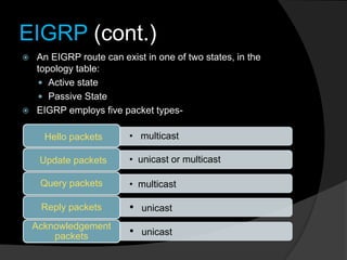 EIGRP (cont.)
 An EIGRP route can exist in one of two states, in the
topology table:
 Active state
 Passive State
 EIGRP employs five packet types-
• multicastHello packets
• unicast or multicastUpdate packets
• multicastQuery packets
• unicastReply packets
• unicast
Acknowledgement
packets
 