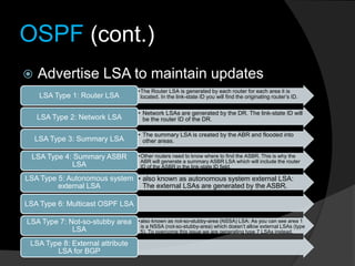 OSPF (cont.)
 Advertise LSA to maintain updates
•The Router LSA is generated by each router for each area it is
located. In the link-state ID you will find the originating router’s ID.LSA Type 1: Router LSA
• Network LSAs are generated by the DR. The link-state ID will
be the router ID of the DR.LSA Type 2: Network LSA
• The summary LSA is created by the ABR and flooded into
other areas.LSA Type 3: Summary LSA
•Other routers need to know where to find the ASBR. This is why the
ABR will generate a summary ASBR LSA which will include the router
ID of the ASBR in the link-state ID field.
LSA Type 4: Summary ASBR
LSA
• also known as autonomous system external LSA:
The external LSAs are generated by the ASBR.
LSA Type 5: Autonomous system
external LSA
LSA Type 6: Multicast OSPF LSA
•also known as not-so-stubby-area (NSSA) LSA: As you can see area 1
is a NSSA (not-so-stubby-area) which doesn’t allow external LSAs (type
5). To overcome this issue we are generating type 7 LSAs instead.
LSA Type 7: Not-so-stubby area
LSA
LSA Type 8: External attribute
LSA for BGP
 