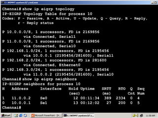 Chennai# show ip eigrp topology
IP-EIGRP Topology Table for process 10
Codes: P - Passive, A - Active, U - Update, Q - Query, R - Reply,
r - Reply status

P 10.0.0.0/8, 1 successors, FD is 2169856
via Connected, Serial1
P 11.0.0.0/8, 1 successors, FD is 2169856
via Connected, Serial0
P 192.168.1.0/24, 1 successors, FD is 2195456
via 10.0.0.1 (2195456/281600), Serial1
P 192.168.2.0/24, 1 successors, FD is 281600
via Connected, Ethernet0
P 192.168.3.0/24, 1 successors, FD is 2195456
via 11.0.0.2 (2195456/281600), Serial0
Chennai# show ip eigrp neighbors
IP-EIGRP neighbors for process 10
H
Address
Interface
Hold Uptime
SRTT
RTO Q Seq
(sec)
(ms)
Cnt Num
1
11.0.0.2
Se0
12 00:11:34 389 2334 0 4
0
10.0.0.1
Se1
13 00:12:02
27
200 0 5
Chennai#

13

 