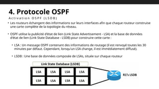4. Protocole OSPF
A c t i v a t i o n O S P F ( L S D B )
• Les routeurs échangent des informations sur leurs interfaces afin que chaque routeur construise
une carte complète de la topologie du réseau.
• OSPF utilise la publicité d'état de lien (Link State Advertisement - LSA) et la base de données
d'état de lien (Link State Database - LSDB) pour construire cette carte :
• LSA : Un message OSPF contenant des informations de routage (il est renvoyé toutes les 30
minutes par défaut. Cependant, lorsqu'un LSA change, il est immédiatement diffusé).
• LSDB : Une base de données composée de LSAs, située sur chaque routeur
 