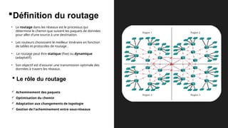 Définition du routage
• Le routage dans les réseaux est le processus qui
détermine le chemin que suivent les paquets de données
pour aller d'une source à une destination.
• Les routeurs choisissent le meilleur itinéraire en fonction
de tables et protocoles de routage .
• Le routage peut être statique (fixe) ou dynamique
(adaptatif).
• Son objectif est d'assurer une transmission optimale des
données à travers les réseaux.
 Le rôle du routage
 Acheminement des paquets
 Optimisation du chemin
 Adaptation aux changements de topologie
 Gestion de l'acheminement entre sous-réseaux
 