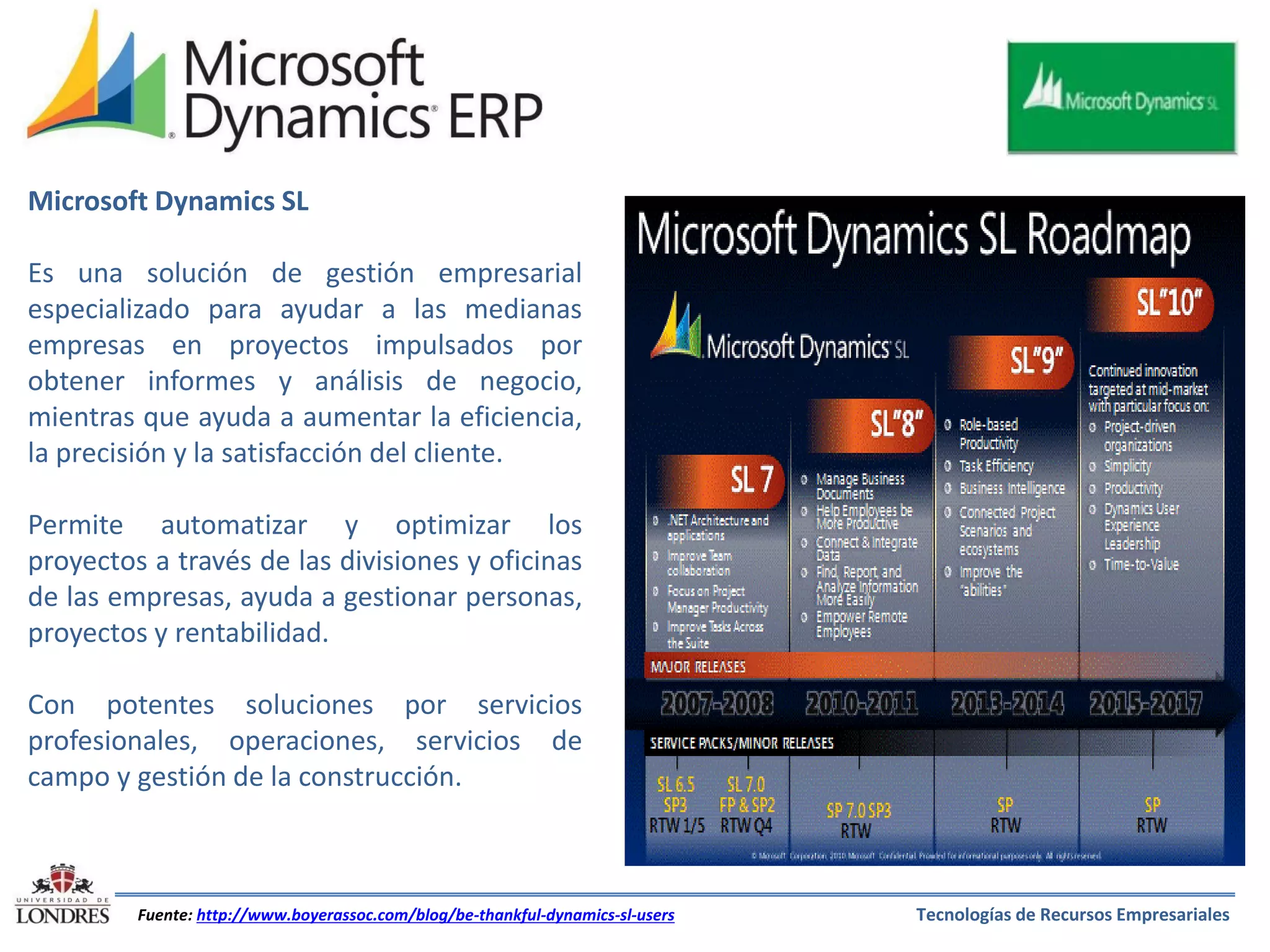 Microsoft Dynamics SL
Es una solución de gestión empresarial
especializado para ayudar a las medianas
empresas en proyectos impulsados ​por
obtener informes y análisis de negocio,
mientras que ayuda a aumentar la eficiencia,
la precisión y la satisfacción del cliente.
Permite automatizar y optimizar los
proyectos a través de las divisiones y oficinas
de las empresas, ayuda a gestionar personas,
proyectos y rentabilidad.

Con potentes soluciones por servicios
profesionales, operaciones, servicios de
campo y gestión de la construcción.

Fuente: http://www.boyerassoc.com/blog/be-thankful-dynamics-sl-users

Tecnologías de Recursos Empresariales

 