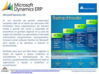 Microsoft Dynamics AX
Es una solución de gestión empresarial
completa, líder en el sector de soluciones ERP
orientadas hacia organizaciones de tamaño
medio y grande con visión y capacidad de
convertirse en grandes negocios en su país de
origen y/o extender sus operaciones al mercado
internacional (corporaciones trasnacionales).
Funciona como software familiar de Microsoft
para ayudar a las personas a mejorar la
productividad.
Diseñado para que sea fácil hacer negocios a
través de lugares y países mediante la
consolidación y estandarización de los
procesos, proporcionando visibilidad en toda la
organización y ayudar a simplificar el
cumplimiento.
Fuente: http://community.dynamics.com/ax/b/matrishmangal/archive/2011/07/17/
microsoft-dynamics-ax-roadmap.aspx

Tecnologías de Recursos Empresariales

 