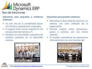 Tipo de Soluciones
Soluciones para pequeñas y medianas
empresas:
 Va más allá de la contabilidad básica
con finanzas y operaciones mejoradas.
 El negocio tiene menos impacto en los
presupuestos de nómina y TI.
 Satisface las necesidades específicas de
sectores verticales sin un desarrollo
costoso.

Fuente: http://www.microsoft.com/es-es/dynamics/erp.aspx

Soluciones para grandes empresas:
 Reemplaza la diversidad de sistemas y se
obtiene una vista unificada de la
organización.
 Permite ampliar varias ubicaciones,
países y sectores, con una misma
solución.
 Se pueden estandarizar las operaciones
internacionales con una solución ágil.

Tecnologías de Recursos Empresariales

 