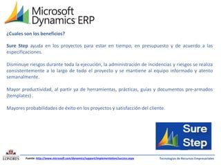 ¿Cuales son los beneficios?

Sure Step ayuda en los proyectos para estar en tiempo, en presupuesto y de acuerdo a las
especificaciones.
Disminuye riesgos durante toda la ejecución, la administración de incidencias y riesgos se realiza
consistentemente a lo largo de todo el proyecto y se mantiene al equipo informado y atento
semanalmente.
Mayor productividad, al partir ya de herramientas, prácticas, guías y documentos pre-armados
(templates) .
Mayores probabilidades de éxito en los proyectos y satisfacción del cliente.

Fuente: http://www.microsoft.com/dynamics/support/implementation/success.aspx

Tecnologías de Recursos Empresariales

 