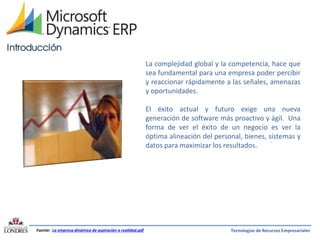 Introducción
La complejidad global y la competencia, hace que
sea fundamental para una empresa poder percibir
y reaccionar rápidamente a las señales, amenazas
y oportunidades.
El éxito actual y futuro exige una nueva
generación de software más proactivo y ágil. Una
forma de ver el éxito de un negocio es ver la
óptima alineación del personal, bienes, sistemas y
datos para maximizar los resultados.

Fuente: La empresa dinámica de aspiración a realidad.pdf

Tecnologías de Recursos Empresariales

 