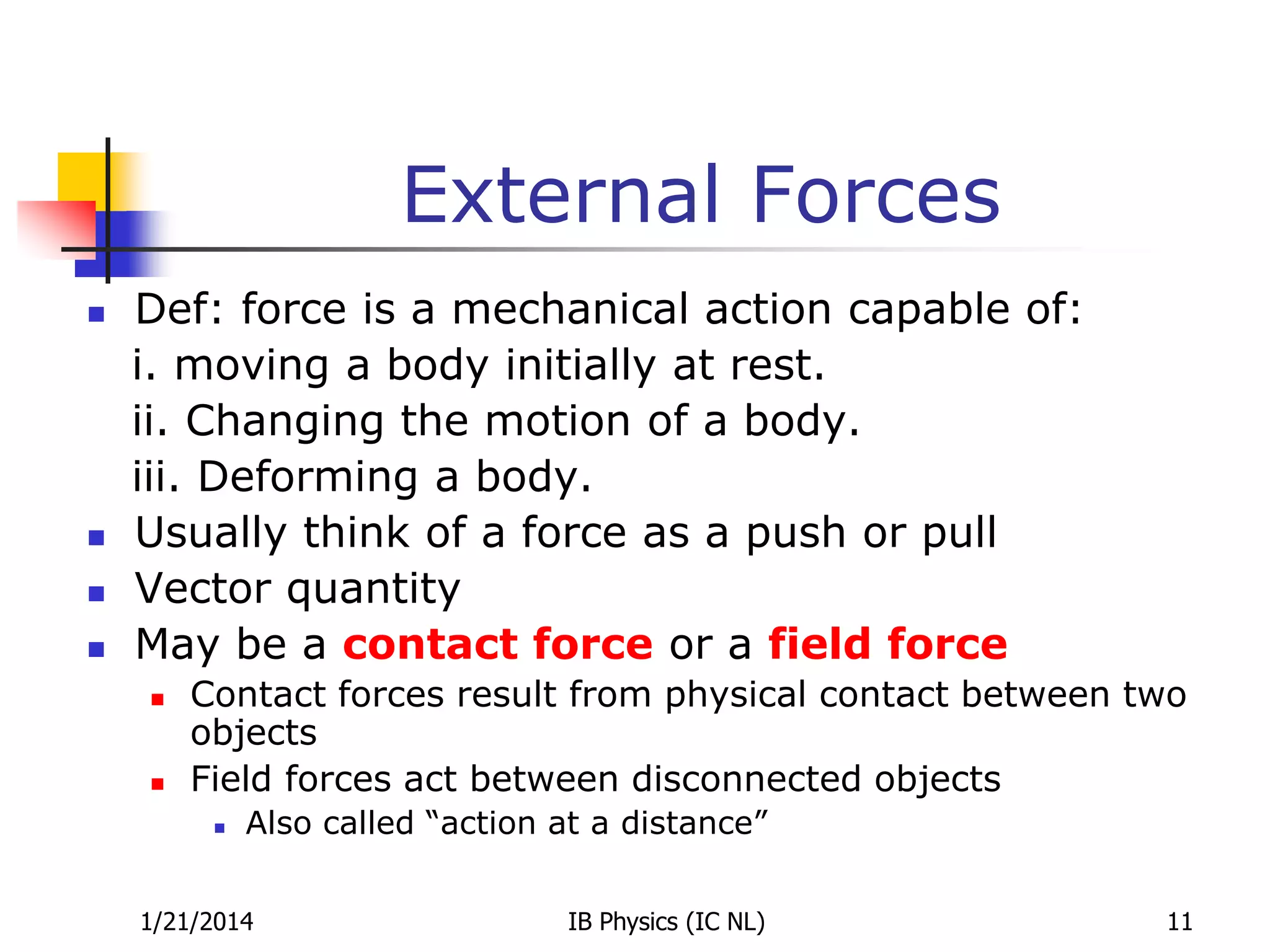 External Forces






Def: force is a mechanical action capable of:
i. moving a body initially at rest.
ii. Changing the motion of a body.
iii. Deforming a body.
Usually think of a force as a push or pull
Vector quantity
May be a contact force or a field force




Contact forces result from physical contact between two
objects
Field forces act between disconnected objects


Also called “action at a distance”

1/21/2014

IB Physics (IC NL)

11

 