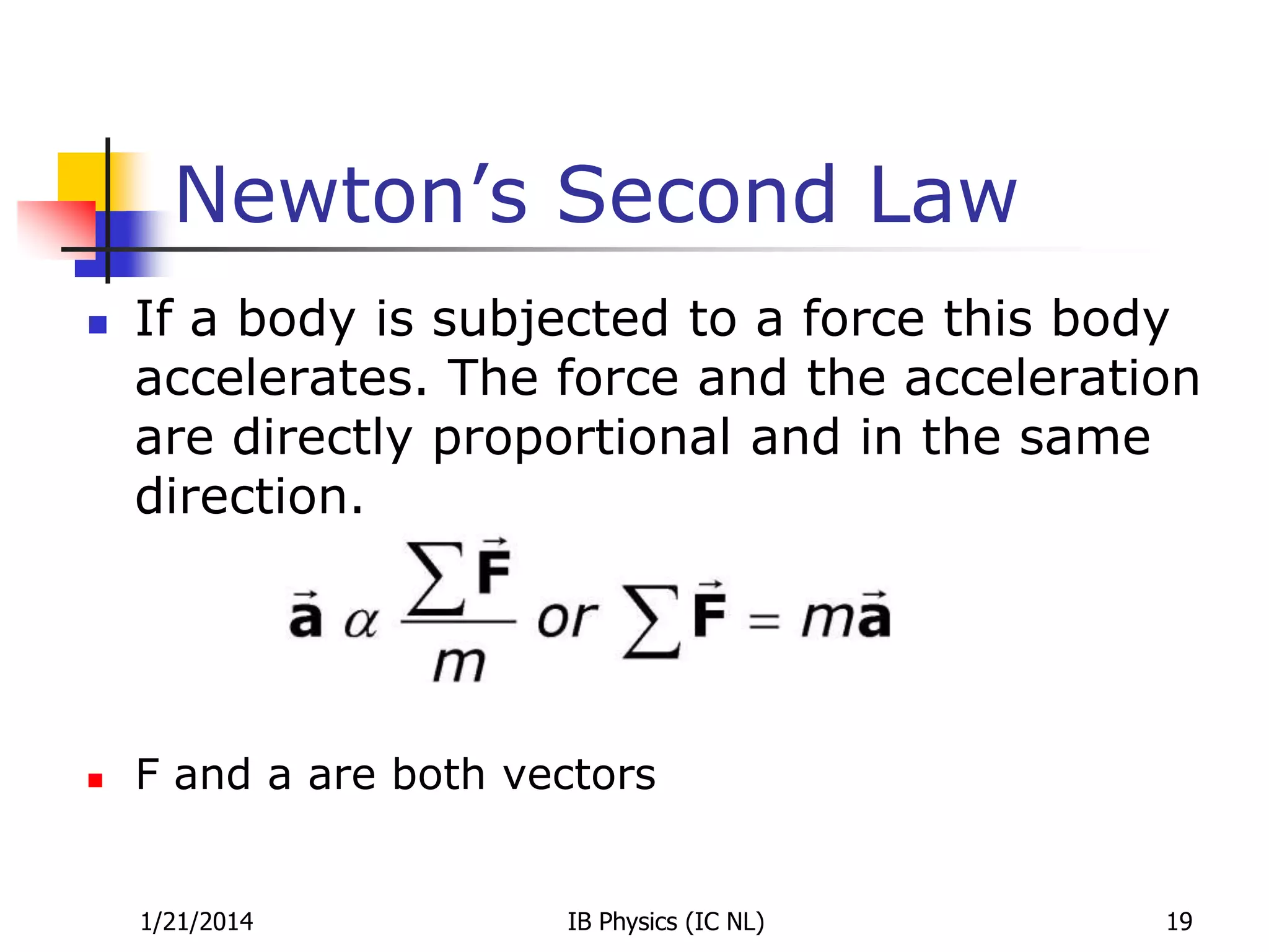 Newton’s Second Law




If a body is subjected to a force this body
accelerates. The force and the acceleration
are directly proportional and in the same
direction.

F and a are both vectors

1/21/2014

IB Physics (IC NL)

19

 
