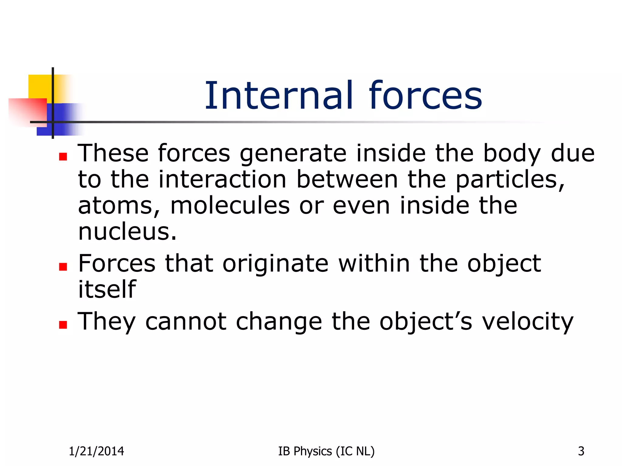 Internal forces






These forces generate inside the body due
to the interaction between the particles,
atoms, molecules or even inside the
nucleus.
Forces that originate within the object
itself
They cannot change the object’s velocity

1/21/2014

IB Physics (IC NL)

3

 