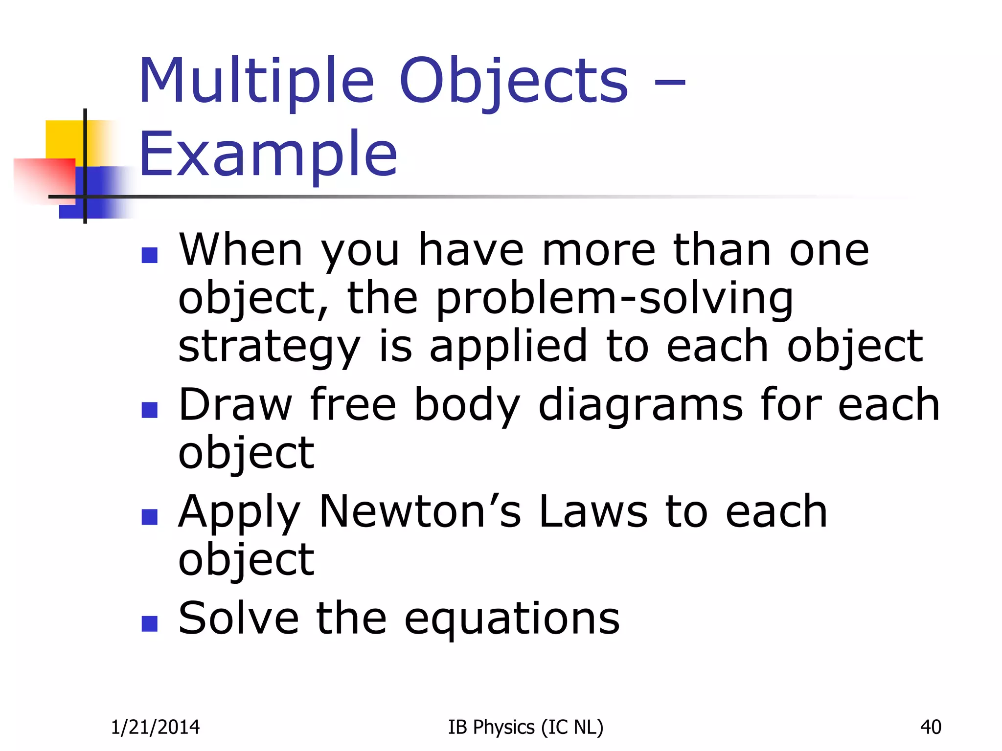 Multiple Objects –
Example








When you have more than one
object, the problem-solving
strategy is applied to each object
Draw free body diagrams for each
object
Apply Newton’s Laws to each
object
Solve the equations

1/21/2014

IB Physics (IC NL)

40

 