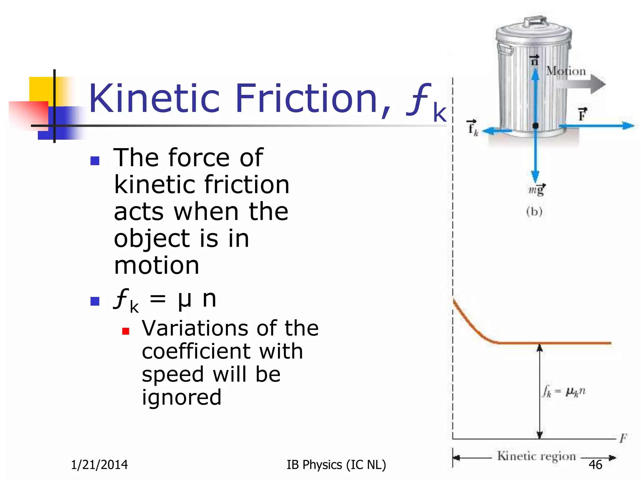 Kinetic Friction, ƒk




The force of
kinetic friction
acts when the
object is in
motion
ƒk = µ n


1/21/2014

Variations of the
coefficient with
speed will be
ignored
IB Physics (IC NL)

46

 
