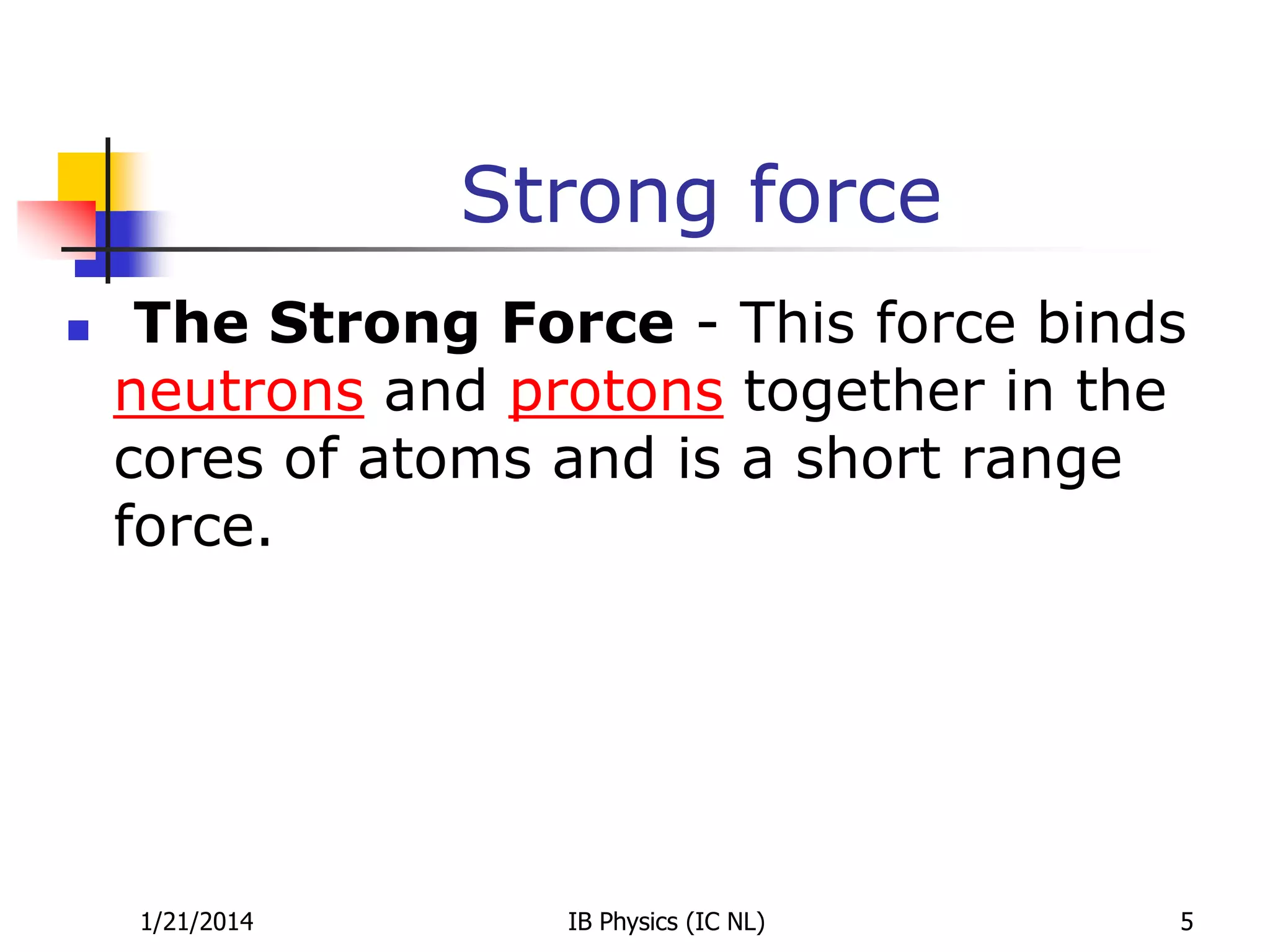 Strong force


The Strong Force - This force binds
neutrons and protons together in the
cores of atoms and is a short range
force.

1/21/2014

IB Physics (IC NL)

5

 