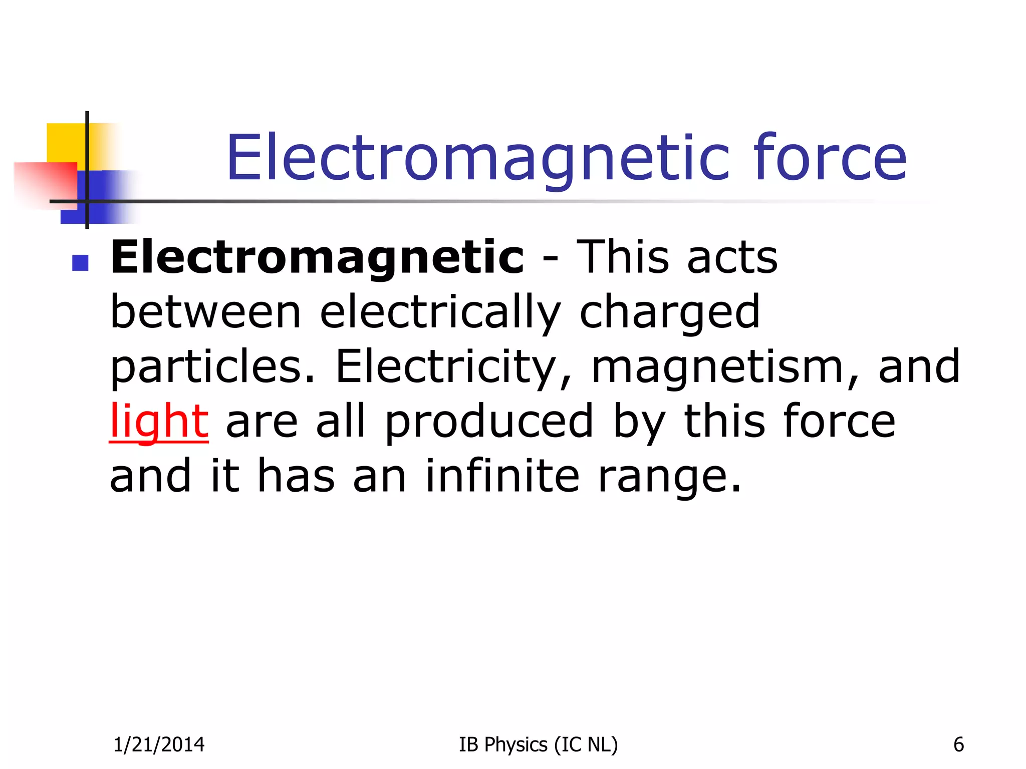 Electromagnetic force


Electromagnetic - This acts
between electrically charged
particles. Electricity, magnetism, and
light are all produced by this force
and it has an infinite range.

1/21/2014

IB Physics (IC NL)

6

 