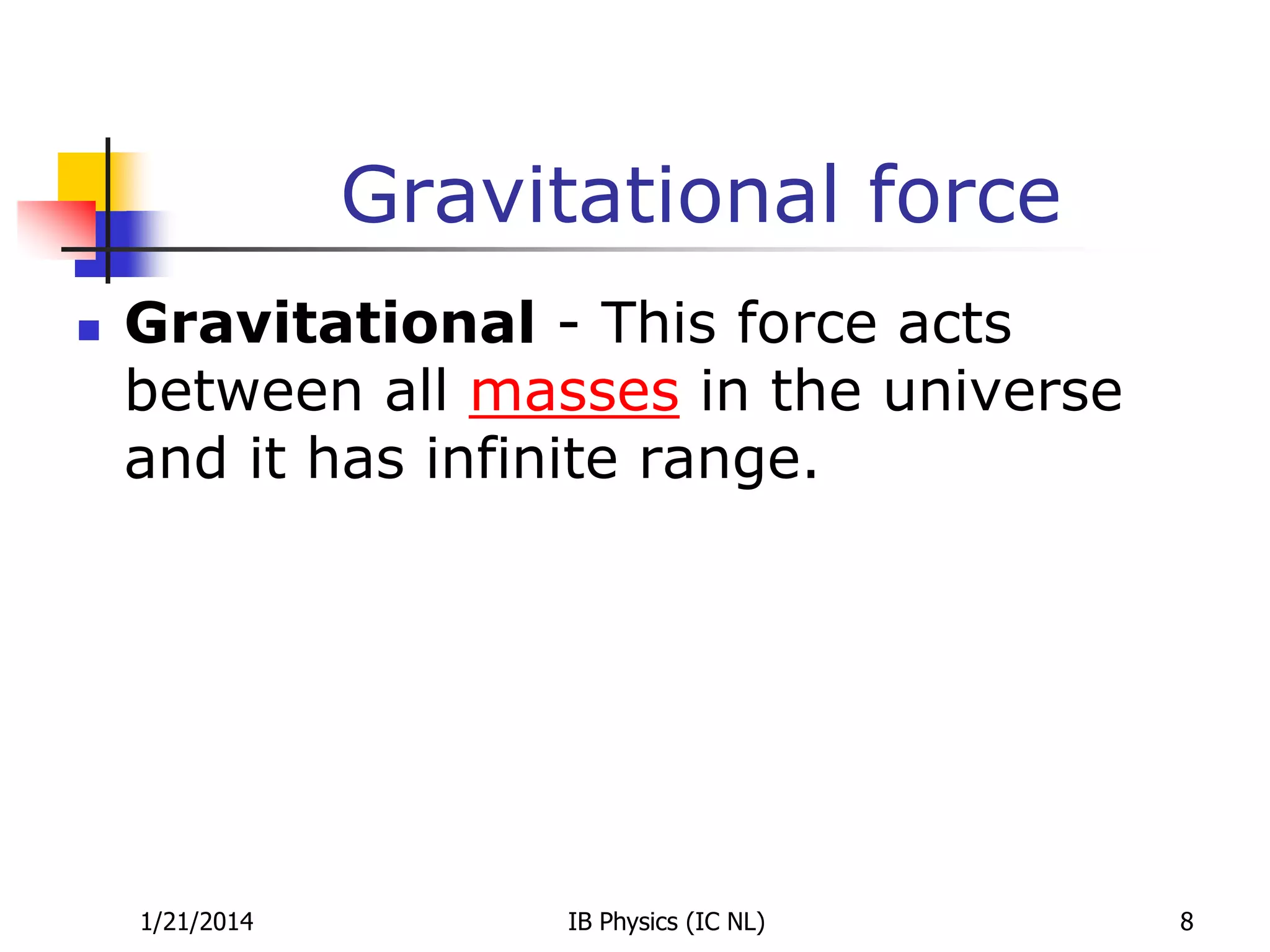 Gravitational force


Gravitational - This force acts
between all masses in the universe
and it has infinite range.

1/21/2014

IB Physics (IC NL)

8

 