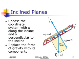 Inclined Planes




Choose the
coordinate
system with x
along the incline
and y
perpendicular to
the incline
Replace the force
of gravity with its
components
1/21/2014

IB Physics (IC NL)

39

 
