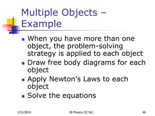 Multiple Objects –
Example








When you have more than one
object, the problem-solving
strategy is applied to each object
Draw free body diagrams for each
object
Apply Newton’s Laws to each
object
Solve the equations

1/21/2014

IB Physics (IC NL)

40

 