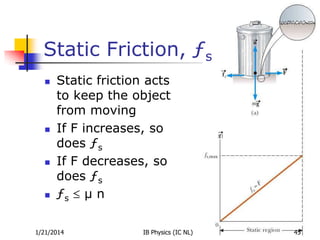 Static Friction, ƒs








Static friction acts
to keep the object
from moving
If F increases, so
does ƒs
If F decreases, so
does ƒs
ƒs µ n

1/21/2014

IB Physics (IC NL)

45

 