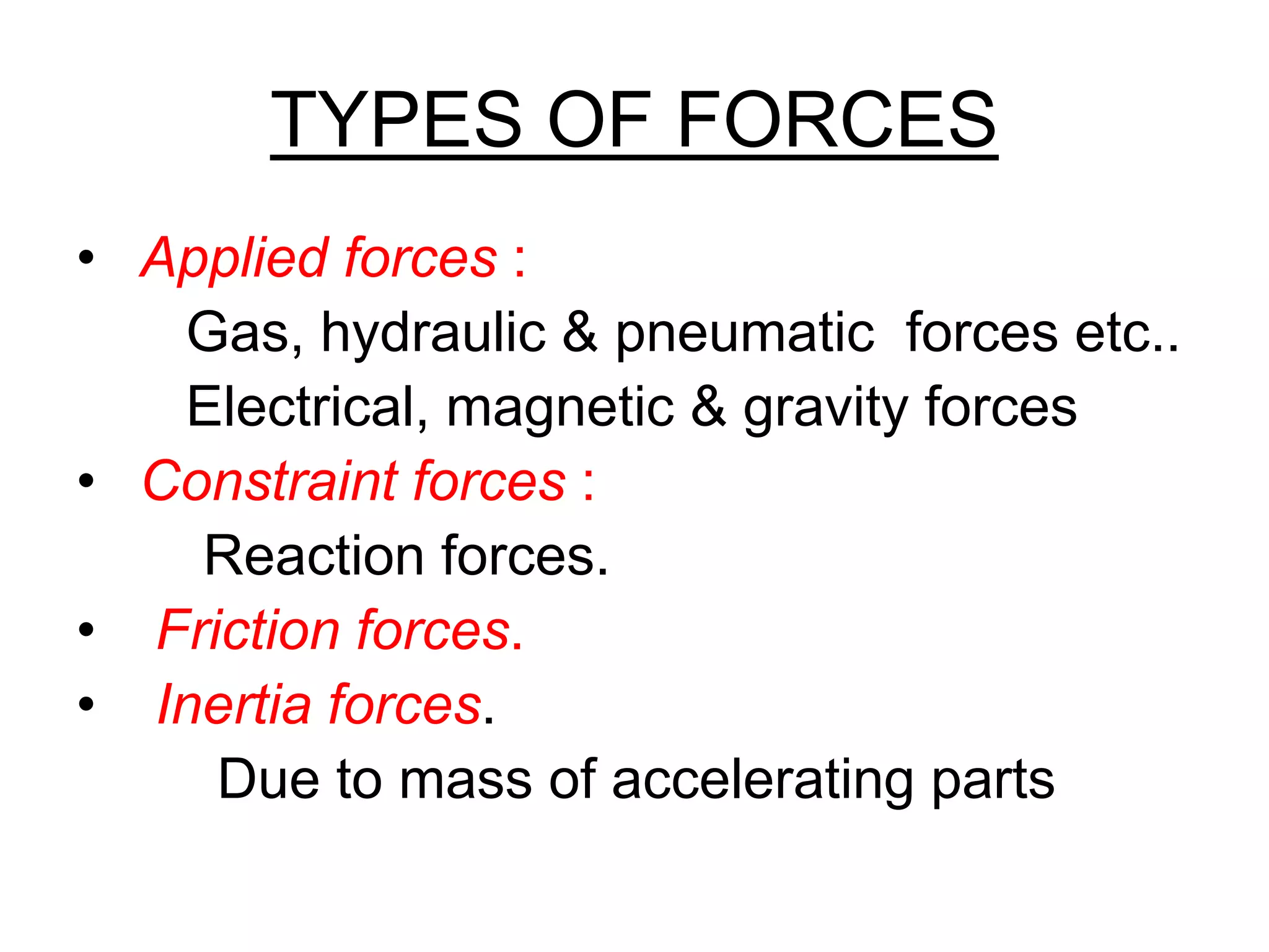 TYPES OF FORCES
• Applied forces :
Gas, hydraulic & pneumatic forces etc..
Electrical, magnetic & gravity forces
• Constraint forces :
Reaction forces.
• Friction forces.
• Inertia forces.
Due to mass of accelerating parts
 